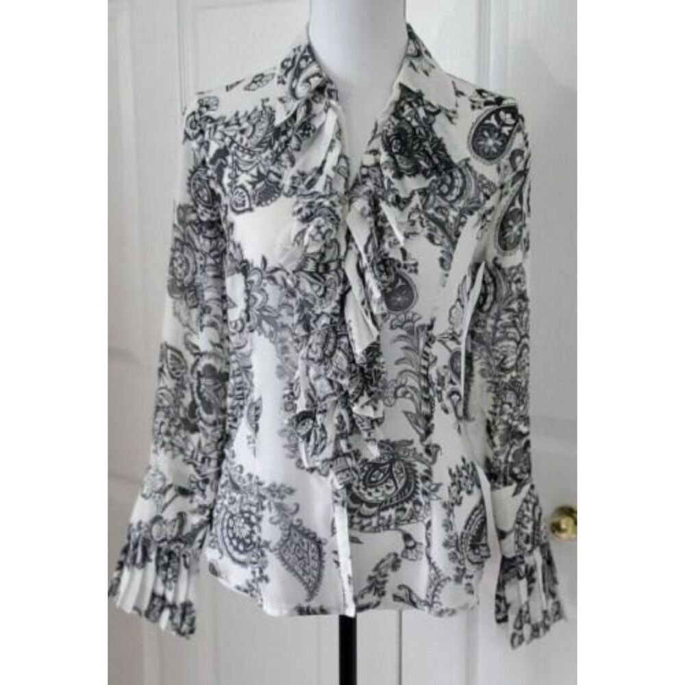 Cabi Black White Semi-Sheer Blouse Button Up Ruffle Neck Top Size XS EUC